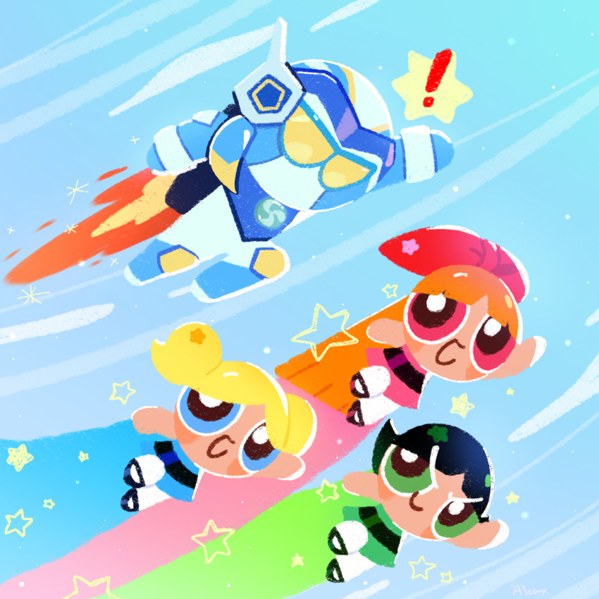 !, 1boy, 3girls, blonde_hair, blossom_cookie, blue_dress, blue_eyes, bow