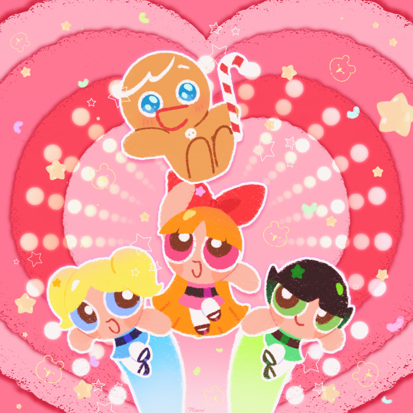 1boy, 3girls, black_hair, blonde_hair, blossom_cookie, blue_eyes, bow, bubbles_cookie