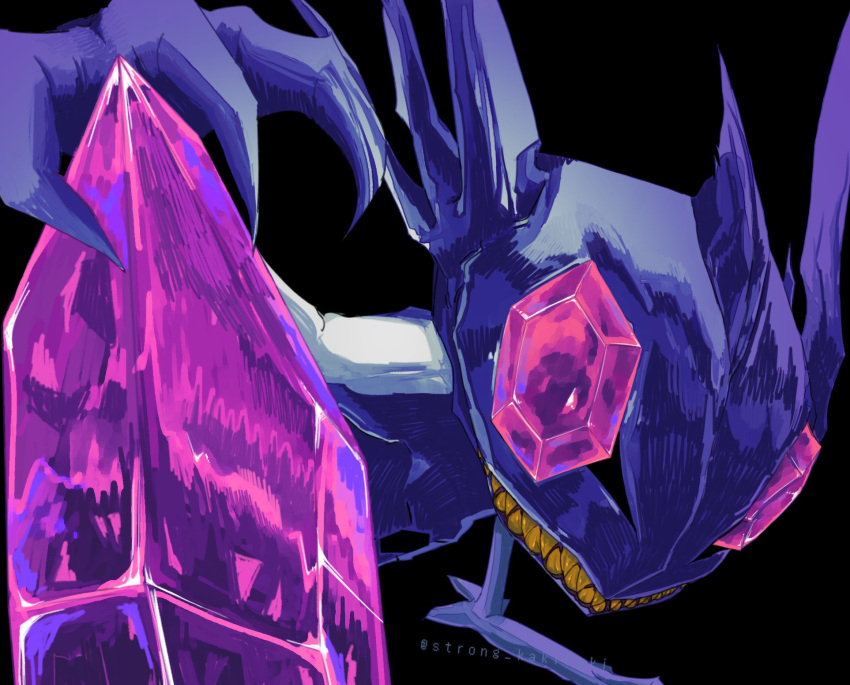 bilingual_commentary, black_background, claws, colored_teeth, commentary, english_commentary, gem, highres