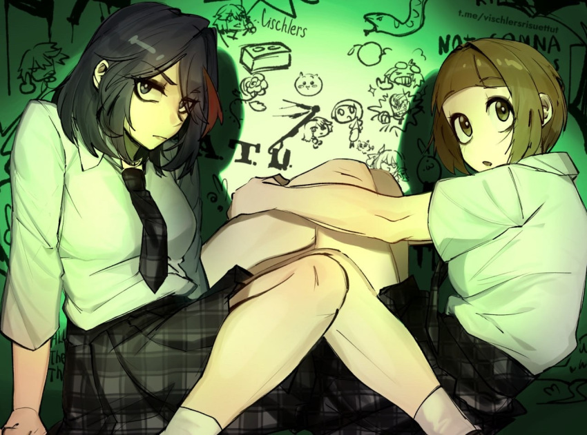 adapted_hairstyle, alternate_costume, artist_name, black_hair, blue_eyes, brick, brown_eyes, brown_hair