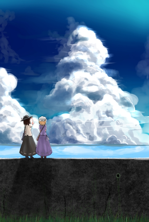 bad_id, bag, blonde_hair, brown_hair, cloud, from_behind, grass, hat, maribel_hearn, multiple_girls, nature, nawo_(peace), satchel, scenery, sky, touhou, usami_renko