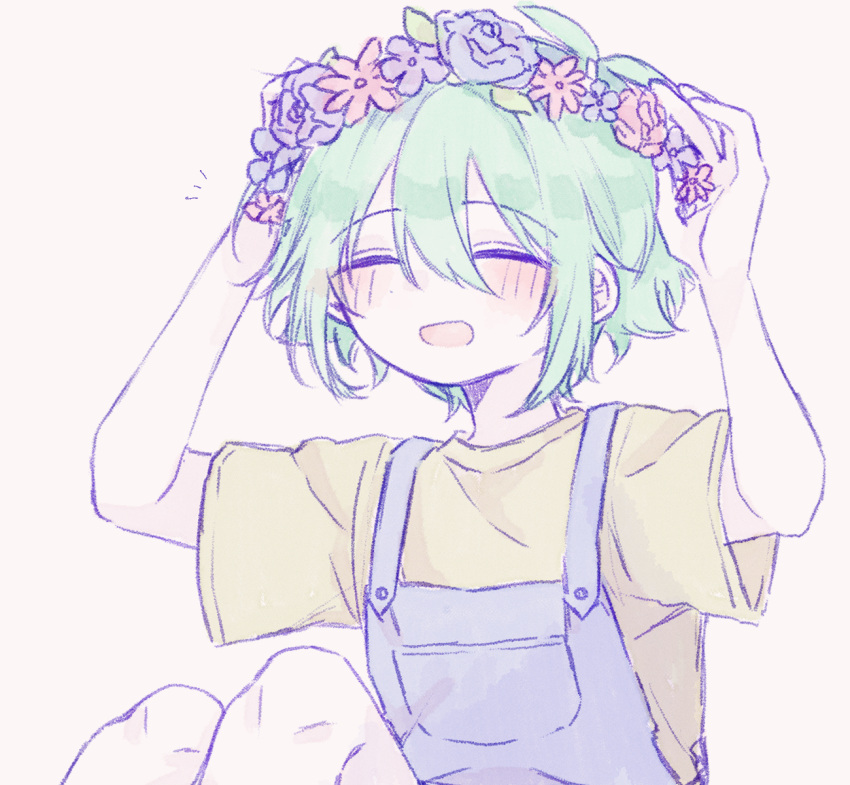 1boy, antenna_hair, arms_up, basil_(headspace)_(omori), basil_(omori), blue_overalls, blush, closed_eyes, colored_skin, commentary_request, double-parted_bangs, flower, flower_wreath, green_hair, green_shirt, hair_between_eyes, head_wreath, highres, knees_up, male_focus, mimi_utlove, omori, open_mouth, overalls, shirt, short_sleeves, sidelocks, simple_background, smile, solo, t-shirt, white_background, white_skin