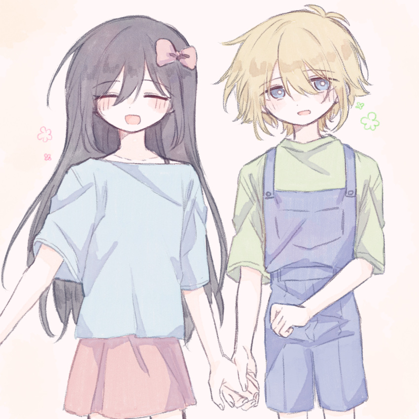 1boy, 1girl, aged_down, alternate_costume, antenna_hair, aubrey_(faraway)_(omori), aubrey_(omori), basil_(faraway)_(omori), basil_(omori), black_hair, blonde_hair, blue_eyes, blue_overalls, blue_shirt, blush, bow, bra_strap, bright_pupils, collarbone, commentary_request, double-parted_bangs, green_shirt, hair_between_eyes, hair_bow, highres, holding_hands, long_hair, looking_at_viewer, mimi_utlove, omori, open_mouth, overall_shorts, overalls, pink_skirt, shirt, short_hair, short_sleeves, sidelocks, skirt, smile, t-shirt, white_pupils