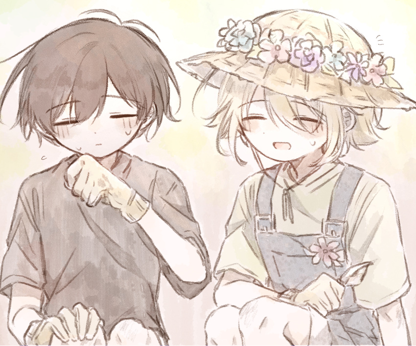 2boys, alternate_costume, basil_(faraway)_(omori), basil_(omori), black_hair, black_shirt, blonde_hair, blue_overalls