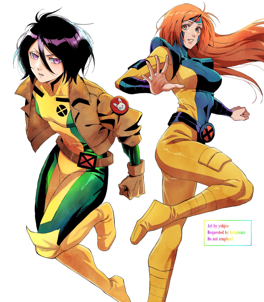 2girls, artist_name, belt, black_hair, bleach, bodysuit, breasts, brown_belt, brown_eyes, brown_gloves, brown_jacket, clenched_hand, cosplay, foot_out_of_frame, furrowed_brow, gloves, green_bodysuit, hair_between_eyes, highres, inoue_orihime, jacket, jean_grey, jean_grey_(cosplay), kuchiki_rukia, light_smile, long_hair, marvel, medium_breasts, multicolored_bodysuit, multiple_girls, orange_hair, parted_bangs, parted_lips, pink_eyes, rogue_(x-men), rogue_(x-men)_(cosplay), short_hair, small_breasts, superhero_costume, two-tone_bodysuit, white_background, x-men, yellow_bodysuit, yshjsw
