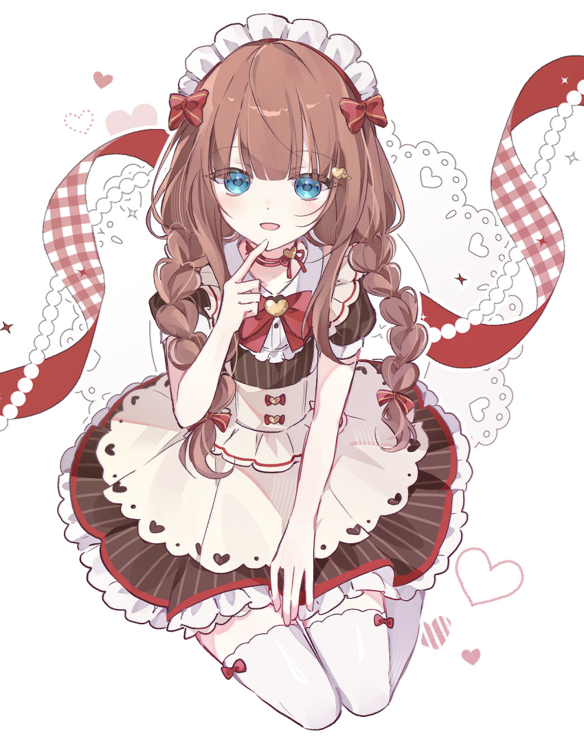 1girl, ankx_o, blue_eyes, bow, bowtie, braid, brown_dress, brown_hair, choker, dress, frilled_dress, frills, hashtag-only_commentary, highres, long_hair, looking_at_viewer, maid, maid_headdress, nijisanji, pinstripe_dress, pinstripe_pattern, puffy_short_sleeves, puffy_sleeves, red_bow, red_bowtie, short_sleeves, simple_background, smile, solo, thigh-highs, twin_braids, virtual_youtuber, white_background, white_thighhighs, yokaze_yui, zettai_ryouiki