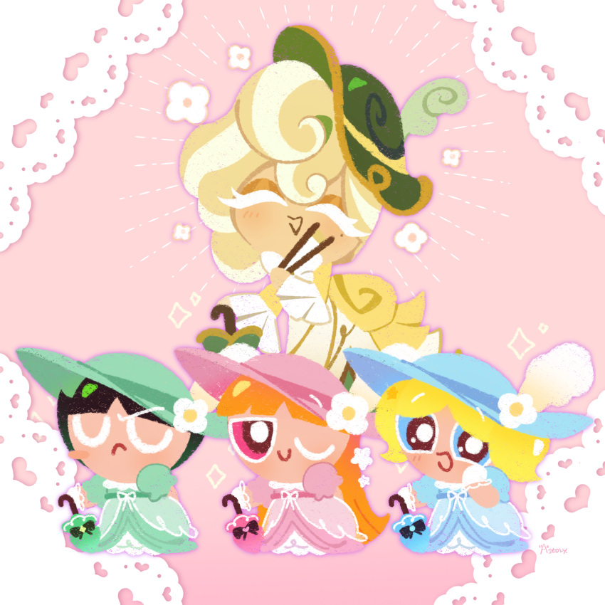 4girls, black_hair, blonde_hair, blossom_cookie, blue_dress, blue_eyes, blue_hat, bubbles_cookie