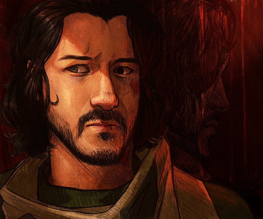 1boy, aegyo_sal, beard, black_eyes, black_hair, facial_hair, furrowed_brow, highres, iron_lung_(movie), looking_to_the_side, male_focus, popped_collar, portrait, reflection, short_hair, simon_(iron_lung), solo, soykyu, tunic, wavy_hair, worried