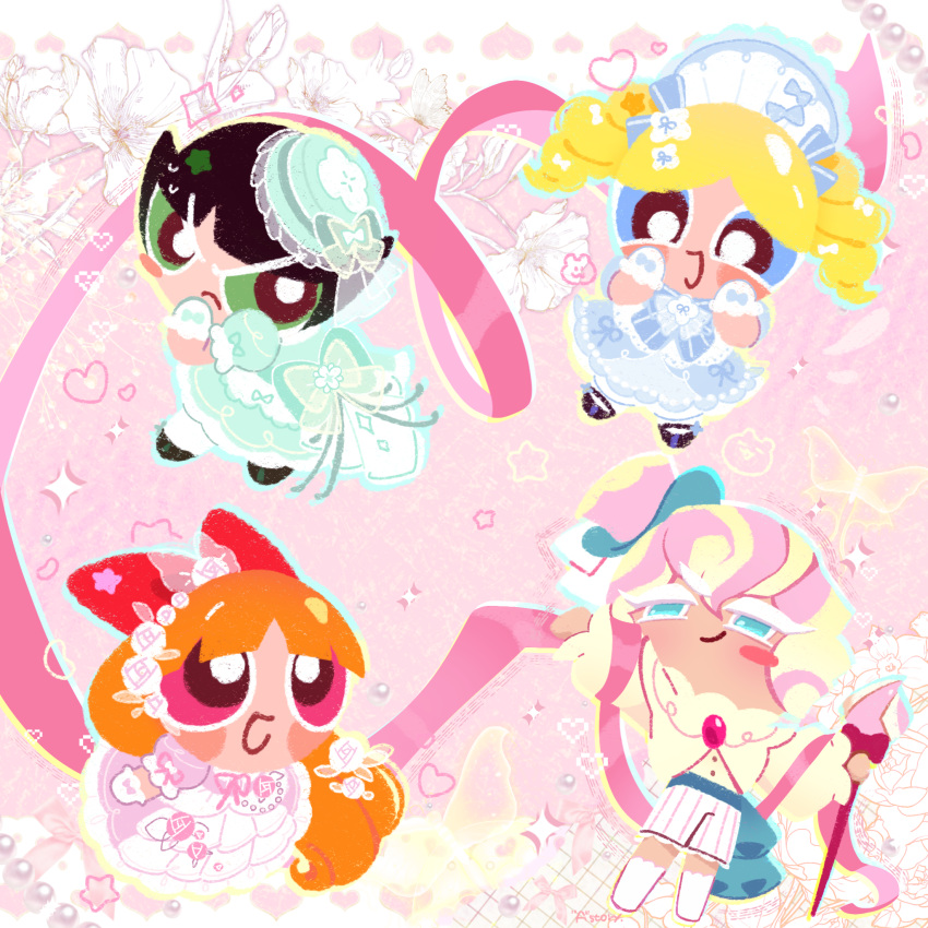 1boy, angry, black_hair, blonde_hair, blossom_cookie, blue_dress, blue_eyes, bow