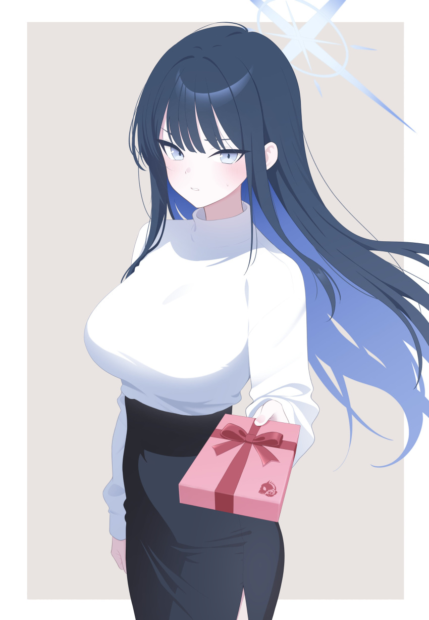 1girl, absurdres, alternate_costume, black_hair, black_skirt, blue_archive, blue_eyes, blue_hair