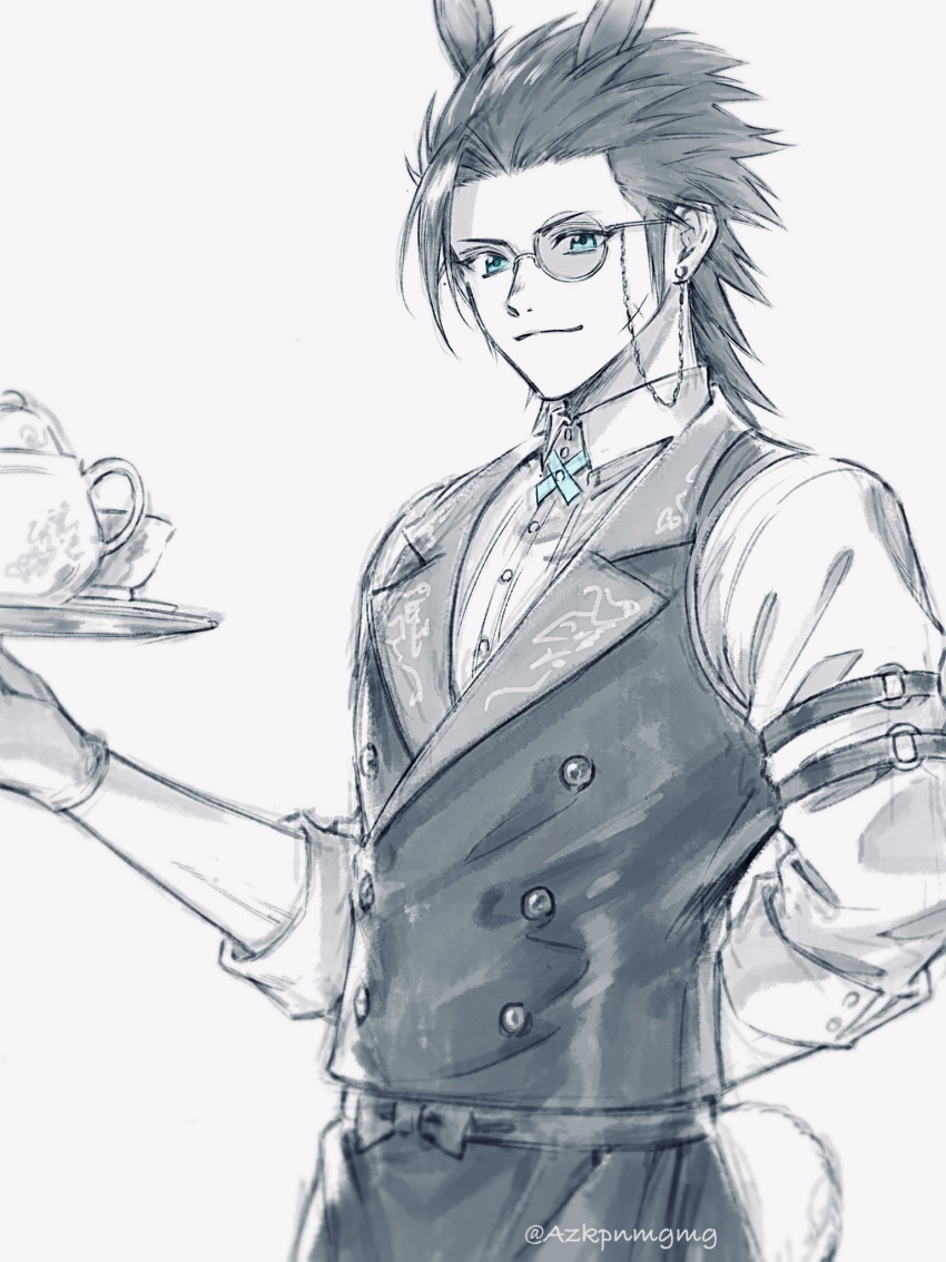 1boy, 3wa_tari, animal_ears, arm_behind_back, black_hair, black_pants, black_vest, blue_cross_tie