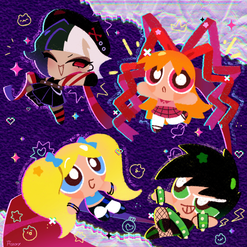 alternate_costume, beret, black_hair, black_skirt, blonde_hair, blossom_cookie, blue_eyes, blue_shirt