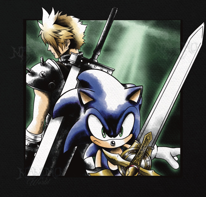 2boys, armor, back-to-back, bandaged_arm, bandages, black_border, blonde_hair, border, buster_sword, closed_mouth, cloud_strife, fighting_stance, final_fantasy, final_fantasy_vii, frown, furrowed_brow, furry, furry_male, furry_with_non-furry, gloves, green_eyes, hair_over_eyes, hedgehog_boy, highres, holding, holding_sword, holding_weapon, interspecies, male_focus, mamono_world, multiple_boys, pauldrons, ribbed_shirt, shirt, short_hair, shoulder_armor, single_pauldron, sleeveless, sleeveless_turtleneck, sonic_(series), sonic_and_the_black_knight, sonic_the_hedgehog, spiky_hair, sword, sword_on_back, turtleneck, upper_body, weapon, weapon_on_back, white_gloves
