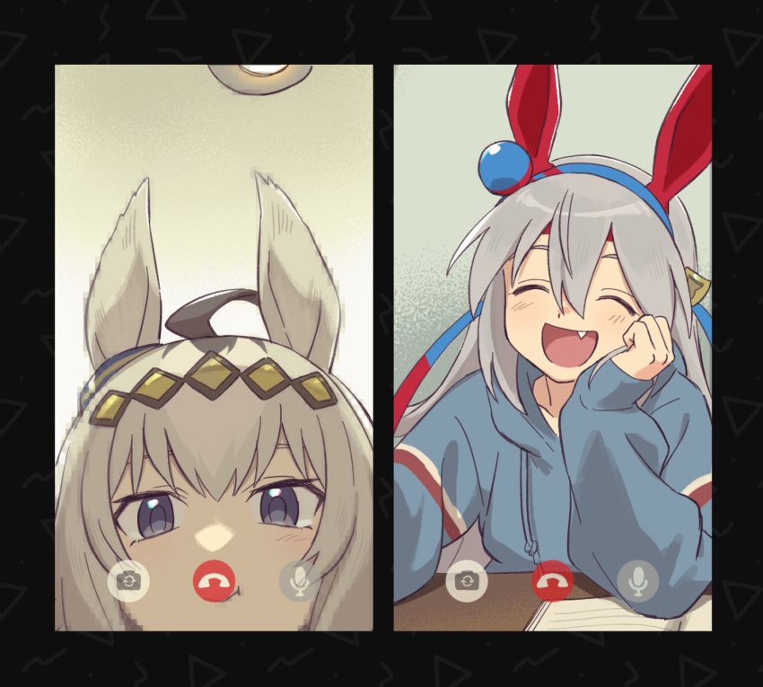 2girls, ahoge, animal_ears, blue_eyes, blue_hairband, blue_hoodie, blush, closed_eyes