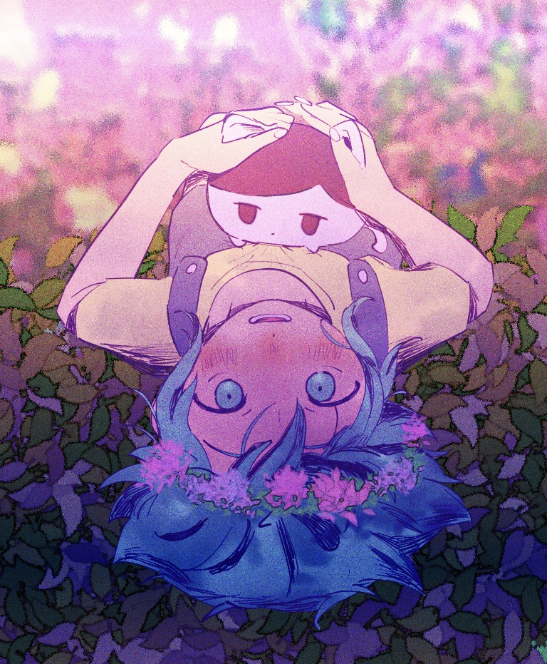 1boy, animalization, basil_(headspace)_(omori), basil_(omori), blue_overalls, blurry, blurry_background, blush, cat, commentary_request, flower, flower_wreath, green_eyes, green_hair, green_shirt, head_wreath, looking_at_viewer, lower_teeth_only, lying, male_focus, maze_(xxxxmeze), omori, omori_(omori), on_back, open_mouth, overalls, shirt, short_hair, sidelocks, smile, solo, teeth