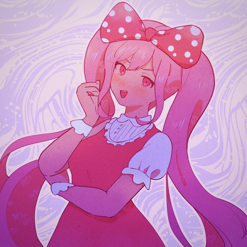 1girl, blush, bow, commentary, dark-skinned_female, dark_skin, double-parted_bangs, dress, hair_between_eyes, hair_bow, hashtag-only_commentary, highres, long_hair, looking_at_viewer, maze_(xxxxmeze), omori, open_mouth, pink_bow, pink_dress, pink_eyes, pink_hair, pink_nails, polka_dot, polka_dot_bow, puffy_short_sleeves, puffy_sleeves, short_sleeves, sidelocks, smile, solo, sweetheart_(omori), teeth, twintails, upper_teeth_only, very_long_hair