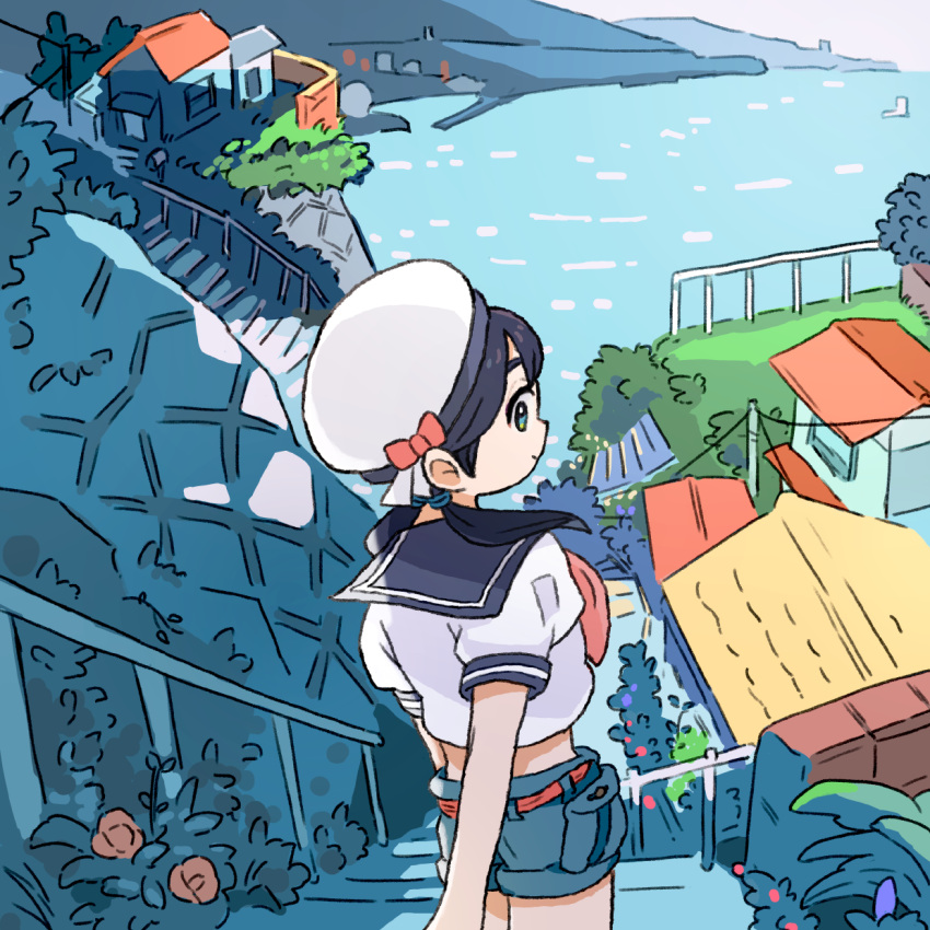 1girl, blue_eyes, bow, from_above, hat, hat_bow, highres, house