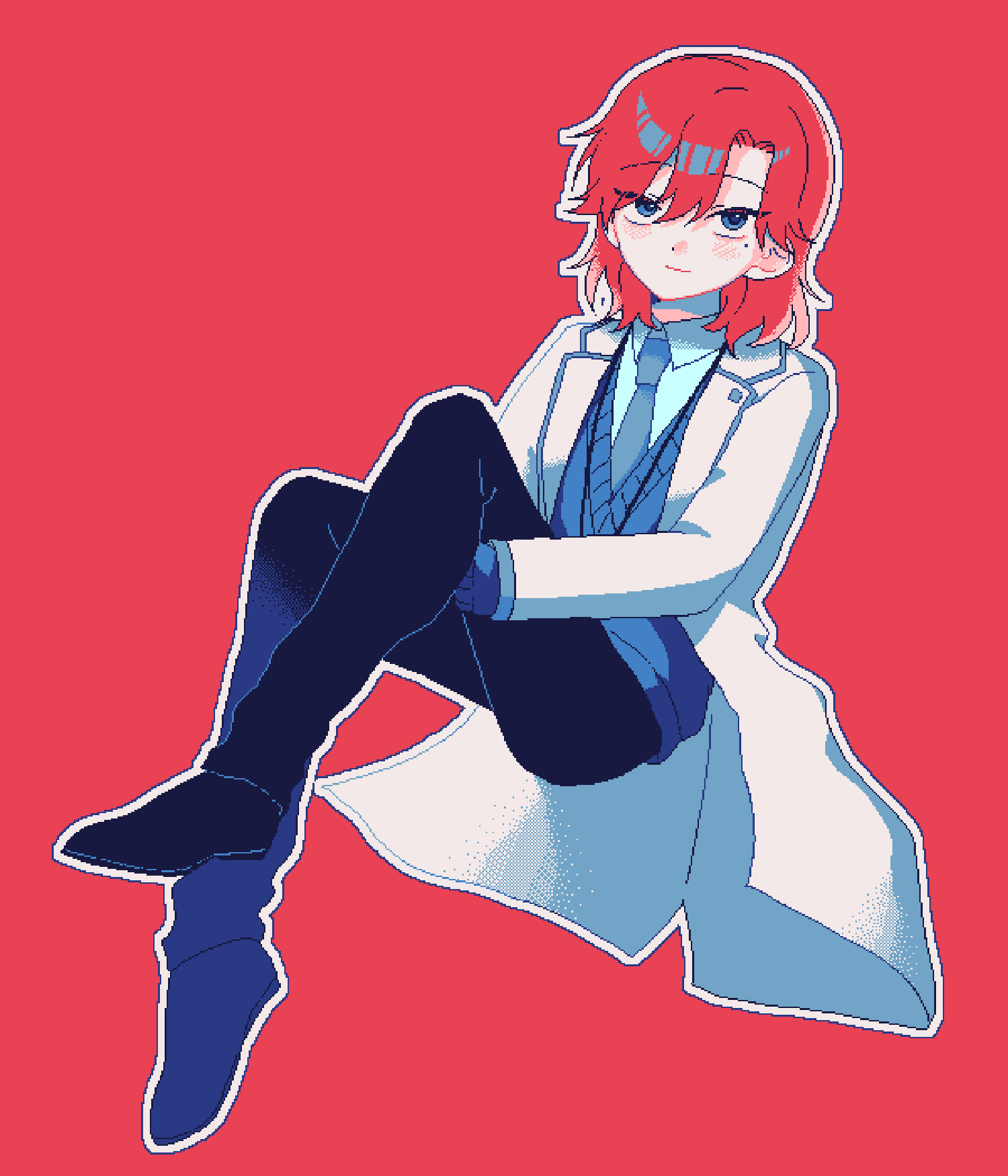 1boy, black_pants, black_shoes, blue_eyes, blue_necktie, blue_shirt, blue_sweater, blush