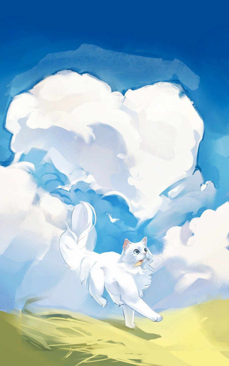 animal, animal_focus, blue_sky, bwspace69, cat, clouds, cloudy_sky, day, envelope, grass, highres, mouth_hold, no_humans, original, outdoors, sky, white_cat