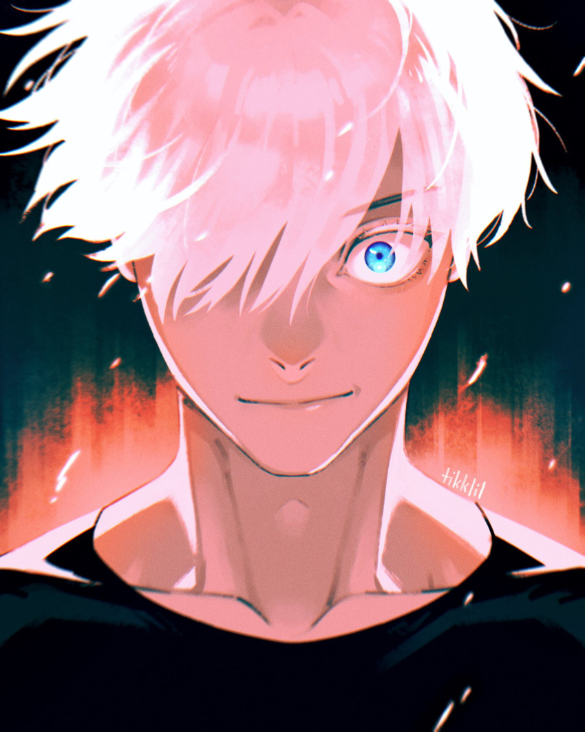 1boy, aegyo_sal, black_shirt, blue_eyes, collarbone, crew_neck, embers, facing_viewer, gojou_satoru, highres, jujutsu_kaisen, looking_at_viewer, one_eye_covered, shirt, short_hair, smirk, solo, straight-on, t-shirt, tikklil, white_hair, wide-eyed