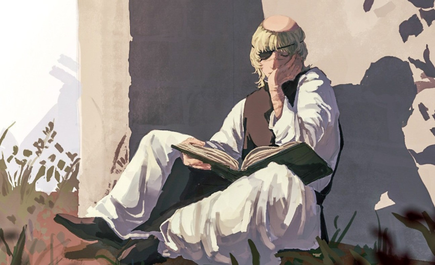 1boy, badeni, black_shoes, black_tabard, blonde_hair, book, chi.:_chikyuu_no_undou_ni_tsuite, closed_eyes
