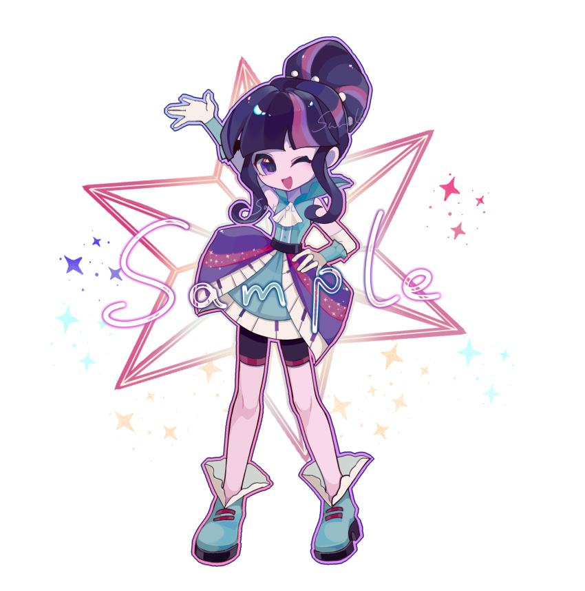 1girl, ;d, animification, arm_up, ascot, bike_shorts, blue_dress, blue_shoes, chinese_commentary, colored_skin, commentary_request, cutie_mark, dress, equestria_girls:_rainbow_rocks, gloves, hair_bun, hand_on_own_hip, highres, kandaoworangwoquxuexi93362, layered_skirt, looking_at_viewer, multicolored_hair, my_little_pony, my_little_pony:_equestria_girls, my_little_pony:_friendship_is_magic, official_alternate_costume, official_alternate_hairstyle, one_eye_closed, purple_hair, purple_skin, sample_watermark, shoes, simple_background, single_hair_bun, skirt, smile, solo, sparkle, streaked_hair, twilight_sparkle, twilight_sparkle_(human), watermark, white_ascot, white_background, white_gloves