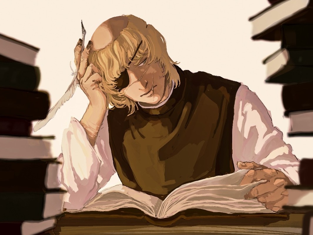1boy, badeni, black_tabard, black_tunic, blue_eyes, book, book_stack, chi.:_chikyuu_no_undou_ni_tsuite, eyepatch, hand_on_own_head, holding, holding_quill, male_focus, mede_teru, medium_hair, open_book, quill, scar, scar_on_face, scar_on_mouth, scar_on_nose, shirt, simple_background, sitting, solo, tabard, tonsure, tunic, white_background, white_shirt