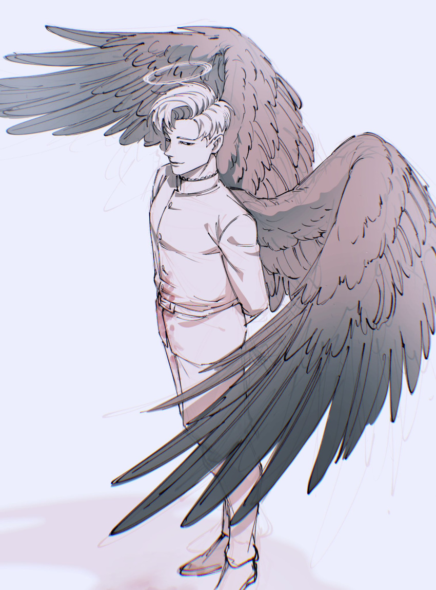 1boy, angel_wings, arms_behind_back, chi.:_chikyuu_no_undou_ni_tsuite, closed_mouth, feathered_wings, greyscale, grntr_260106