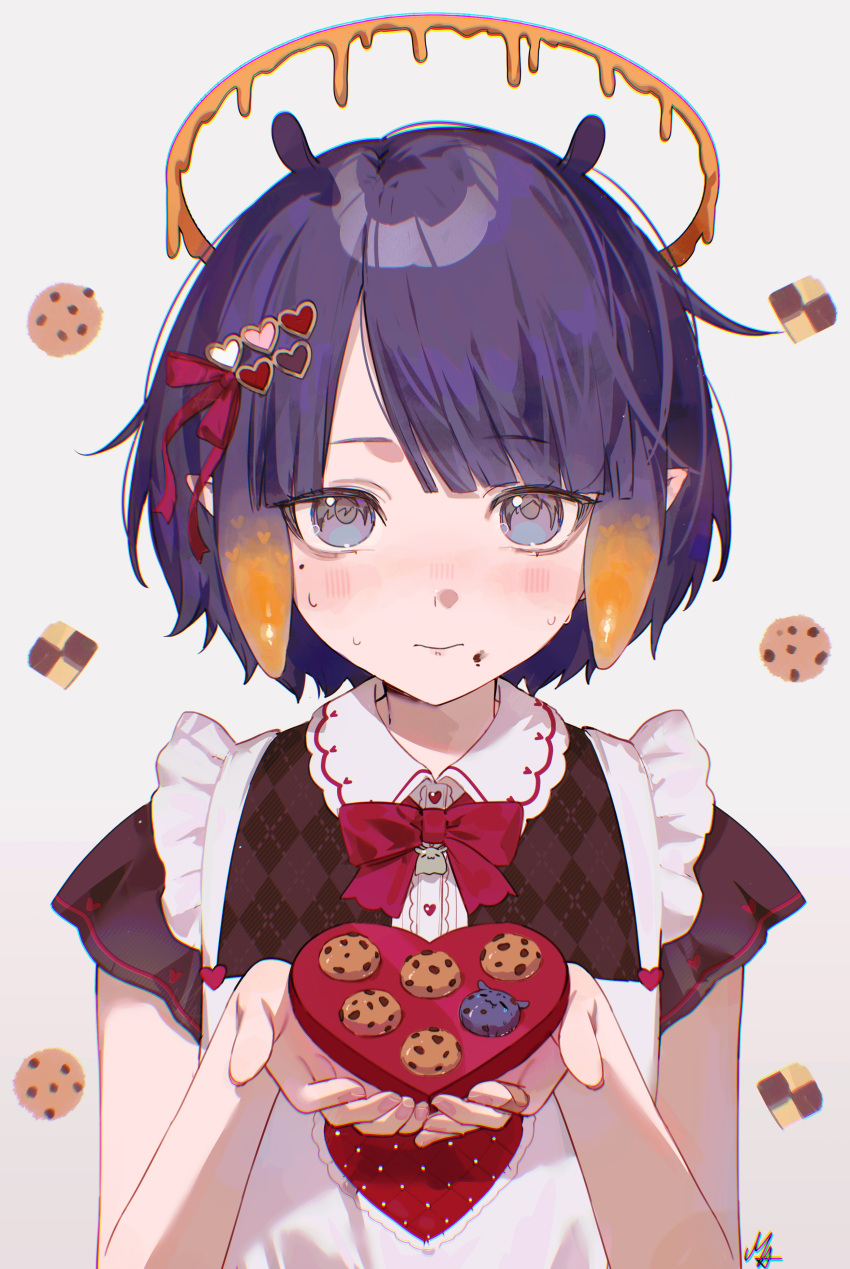 1girl, absurdres, alternate_costume, ani_019, apron, black_shirt, blunt_bangs, blush
