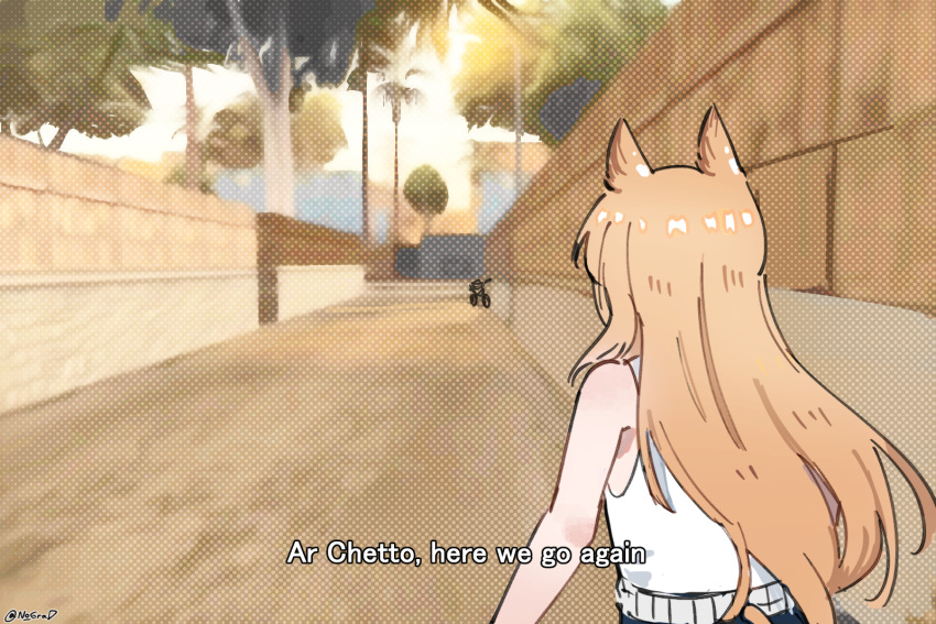1girl, ah_shit_here_we_go_again_(meme), animal_ears, archetto_(arknights), arknights, bare_shoulders, belt, brown_hair, english_text, fake_screenshot, from_behind, long_hair, meme, no_grad, outdoors, parody, photo_background, road, scene_reference, shirt, sleeveless, solo, street, subtitled, tail, tank_top, tree, twitter_username, upper_body, white_belt, white_shirt, white_tank_top