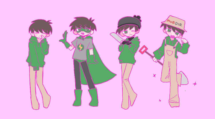 4boys, :3, :d, =_=, animification, antenna_hair, beanie, black_gloves, black_hat, black_leggings, black_sweater, blush, boots, brown_hair, brown_hat, brown_overalls, brown_pants, bucket_hat, cape, clothes_writing, commentary_request, domino_mask, drawstring, edd_(eddsworld), eddsworld, eye_mask, full_body, gloves, green_boots, green_cape, green_eyes, green_gloves, green_hoodie, green_mask, green_shorts, grey_shirt, hand_up, hat, holding, holding_knife, holding_shovel, hood, hood_down, hoodie, kawaii_kaiwai, knife, leggings, looking_at_viewer, male_focus, mask, multiple_boys, multiple_persona, official_alternate_costume, one_eye_closed, overalls, pants, parody, paw_pose, pink_background, pom_pom_(clothes), print_shirt, shirt, short_hair, short_sleeves, shorts, shovel, simple_background, smile, sn_se_u_uwu, sono_bisque_doll_wa_koi_wo_suru, standing, standing_on_one_leg, straight-on, superhero_costume, sweater, swept_bangs, turtleneck, turtleneck_sweater