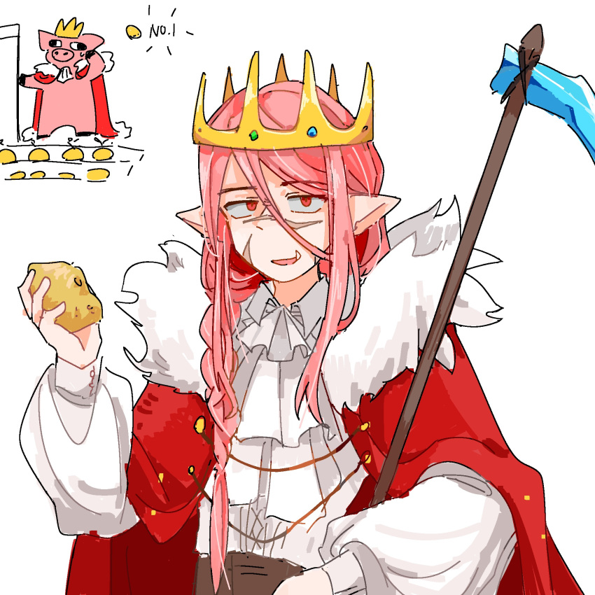 1boy, androgynous, animal, animalization, animification, ascot, bishounen, braid, cape, chinese_commentary, clothed_animal, commentary_request, crown, fur-trimmed_cape, fur_trim, gold_crown, hair_between_eyes, highres, holding, holding_hoe, humanization, hypixel, hypixel_skyblock, jeweled_crown, jewelry, libiezhiyu, long_hair, long_sleeves, looking_at_viewer, male_focus, minecraft, minecraft_youtube, person_and_animalization, pig, pink_hair, pointed_crown, pointy_ears, potato, rearing, red_cape, red_eyes, scar, scar_on_face, scar_on_nose, shirt, side_braid, single_braid, solo, technoblade, upper_body, white_ascot, white_shirt