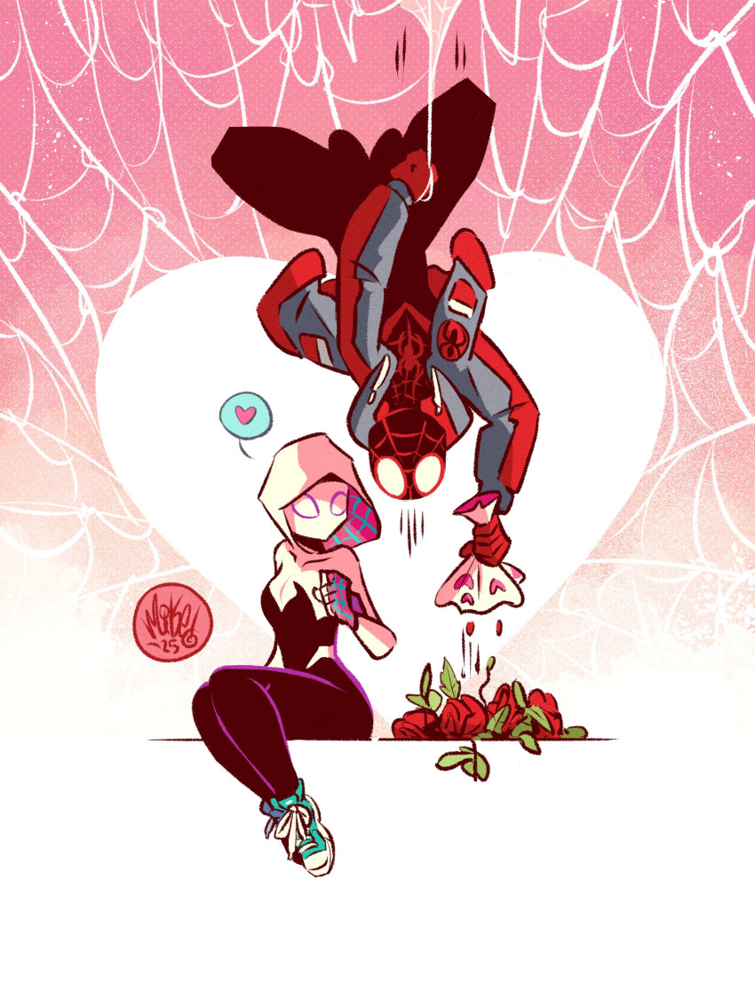 1boy, 1girl, absurdres, animal_print, bodysuit, highres, hood, hooded_bodysuit, marvel, mikemaihack, multicolored_bodysuit, print_bodysuit, silk, spider-gwen, spider-man_(miles_morales), spider-man_(series), spider-verse, spider_print, spider_web, spider_web_print, superhero_costume, swinging_on_web, two-tone_bodysuit, valentine