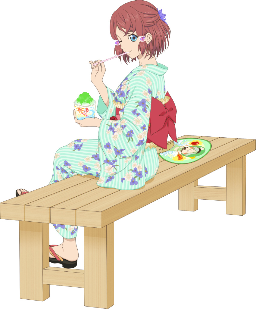 1girl, aqua_kimono, artist_request, bench, blue_eyes, breasts, closed_mouth, floral_print