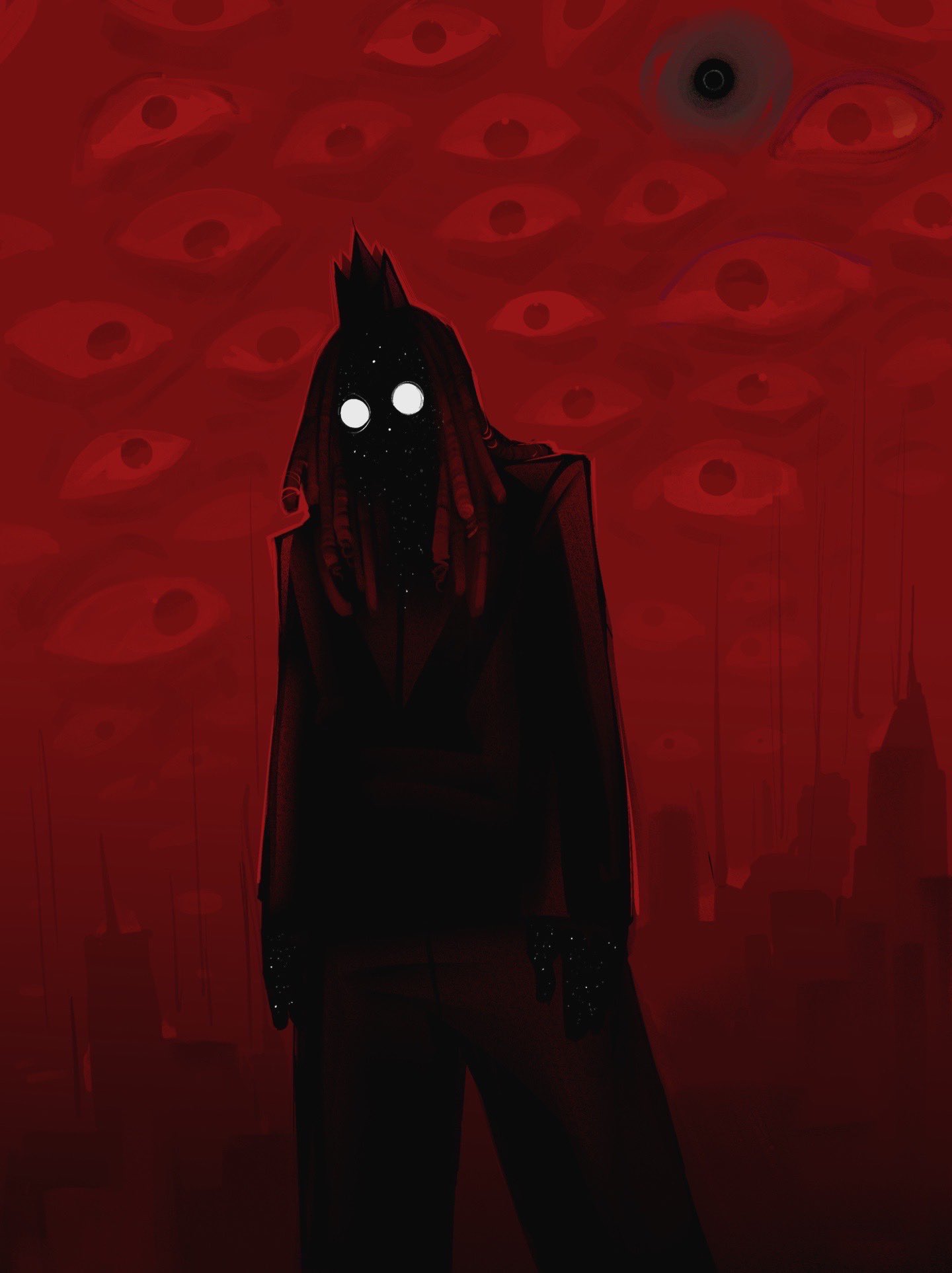 1other, black_sun, cityscape, colehairlesscat, cowboy_shot, crown, dreadlocks, glowing