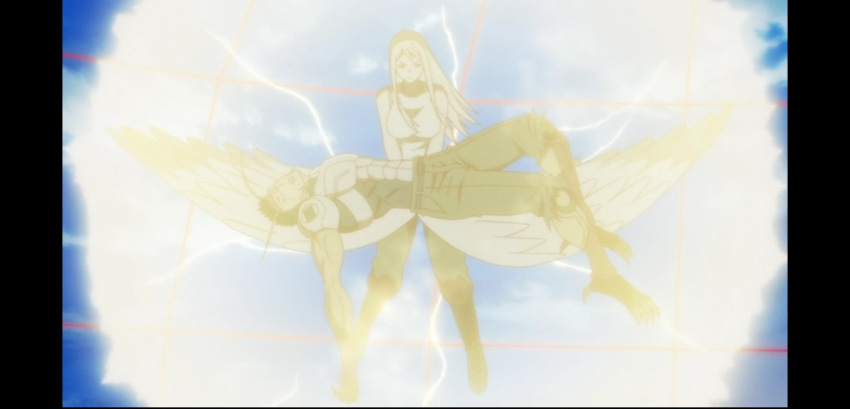 1boy, 1girl, anime_screenshot, blonde_hair, boots, breasts, brown_hair, brown_pants