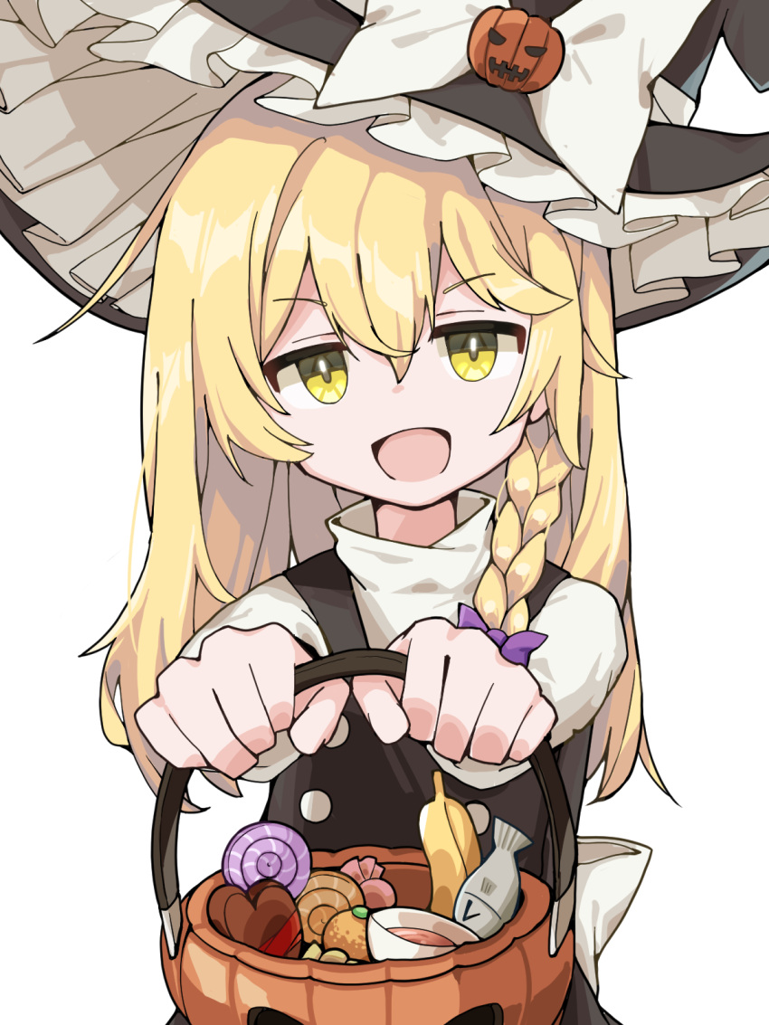 1girl, :d, banana, basket, black_dress, black_hat, bow, braid, candy, chocolate, commentary_request, double-parted_bangs, dress, food, fruit, hair_between_eyes, halloween_bucket, hat, hat_bow, heart, heart-shaped_chocolate, heart-shaped_food, highres, holding, holding_basket, holding_halloween_bucket, kirisame_marisa, looking_at_viewer, medium_hair, open_mouth, outstretched_arms, purple_bow, shirt, simple_background, single_braid, smile, solo, touhou, trick_or_treat, turtleneck, turtleneck_shirt, upper_body, white_background, white_bow, white_shirt, witch_hat, yadorii