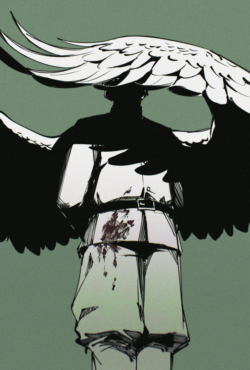 1boy, absurdres, angel_wings, arms_behind_back, belt, blood, blood_on_clothes, buttons
