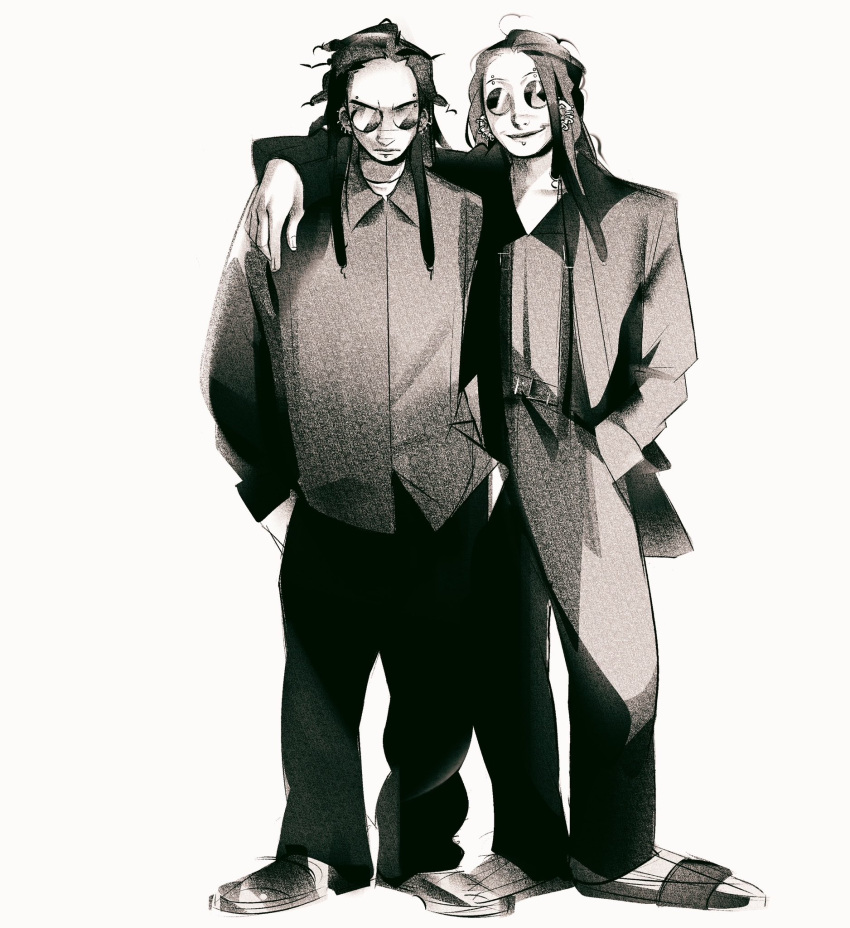 2boys, arm_over_shoulder, colehairlesscat, dreadlocks, eyebrow_piercing, face_piercing, full_body, greyscale