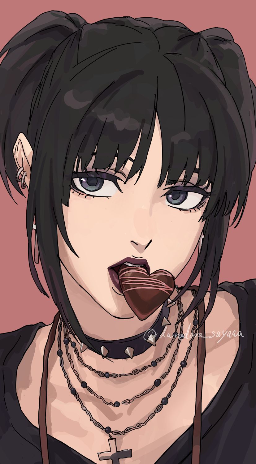 1girl, black_hair, black_shirt, candy, chocolate, choker, commentary_request, cross