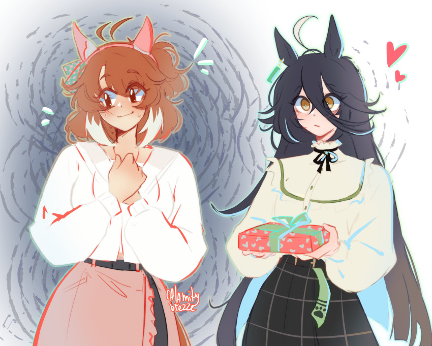 2girls, absurdres, ahoge, animal_ears, black_hair, black_ribbon, black_skirt, blush