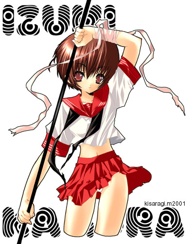 1girl, arm_up, arm_wrap, artist_name, bad_id, black_neckerchief, brown_hair, character_name