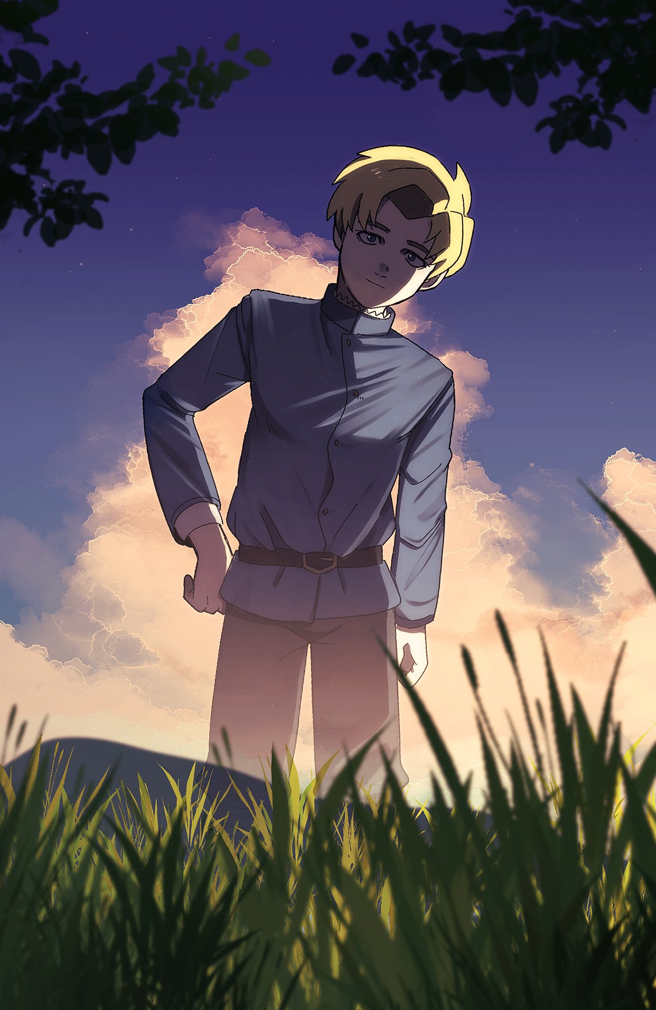 1boy, bal09853549800, belt, black_belt, black_pants, blonde_hair, blue_eyes, blue_jacket