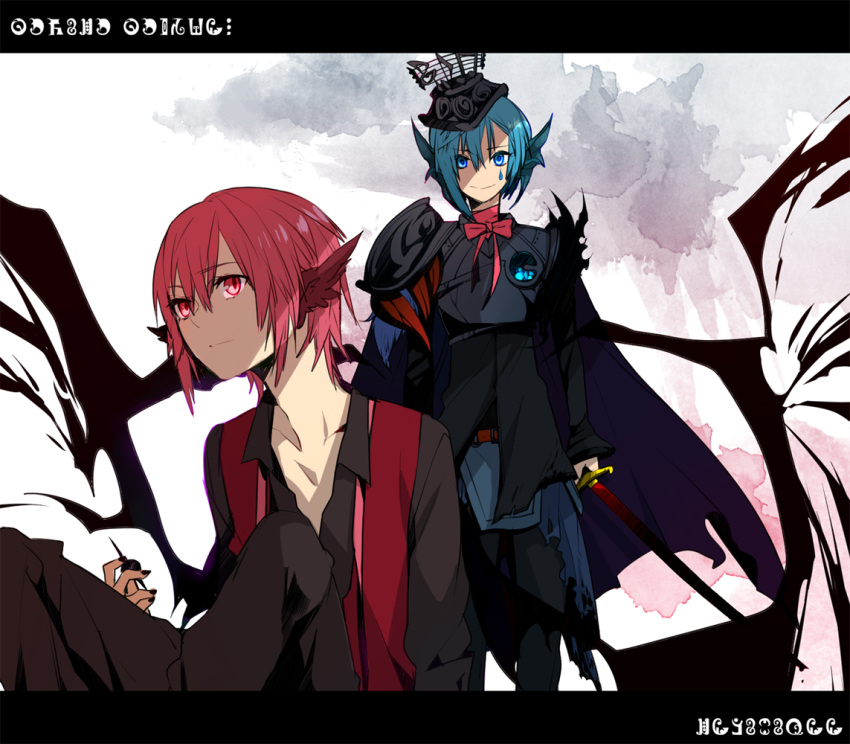 blue_hair, bowtie, cape, genderswap, grief_seed, hat, head_fins, head_wings