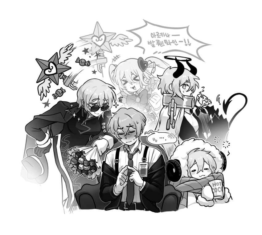 >_<, ..., 1boy, 4girls, :3, bag, belt, belt_buckle