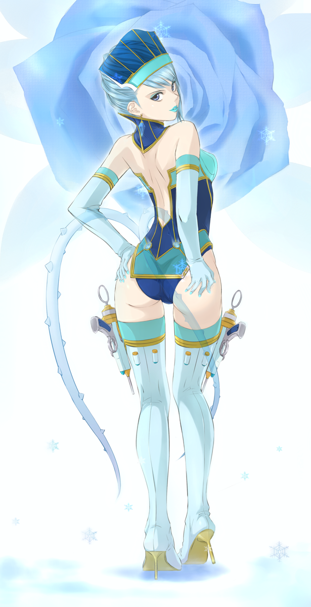 ass, bare_shoulders, blue_eyes, blue_hair, blue_rose, blue_rose_(tiger_&amp;_bunny), boots, earrings