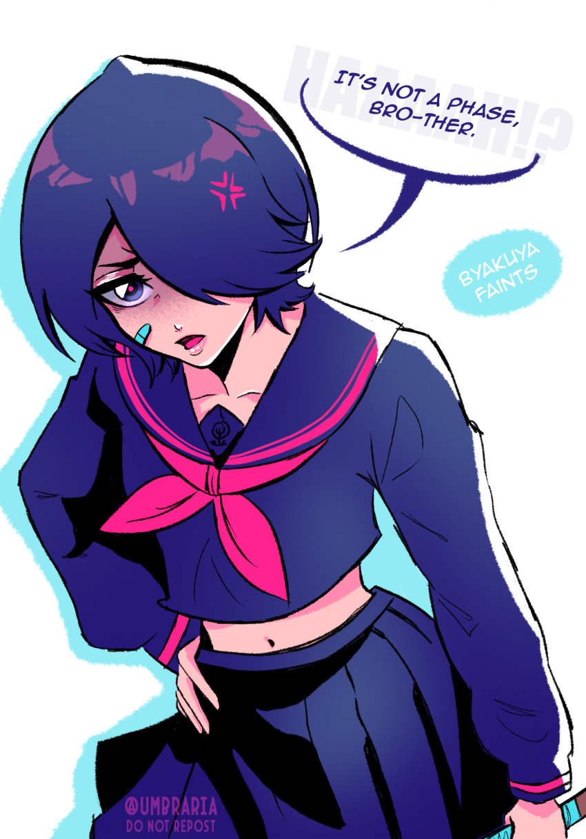 1girl, bandaid, bandaid_on_cheek, bandaid_on_face, black_hair, black_serafuku, bleach, bleach:_the_high_school_warfare, blue_eyes, bokken, commentary, english_commentary, english_text, hair_over_one_eye, hand_on_own_hip, highres, holding, holding_weapon, kuchiki_rukia, lips, midriff, navel, open_mouth, school_uniform, serafuku, solo, sword, tumblr_username, umbra_(edits_umbra), watermark, weapon, wooden_sword