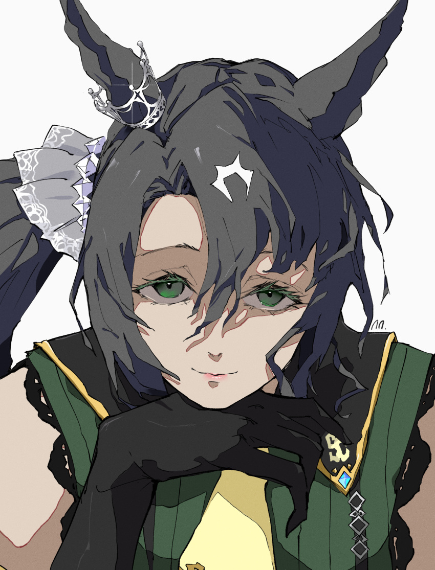 1girl, animal_ears, ascot, black_gloves, black_hair, commentary_request, ear_ornament, elbow_gloves