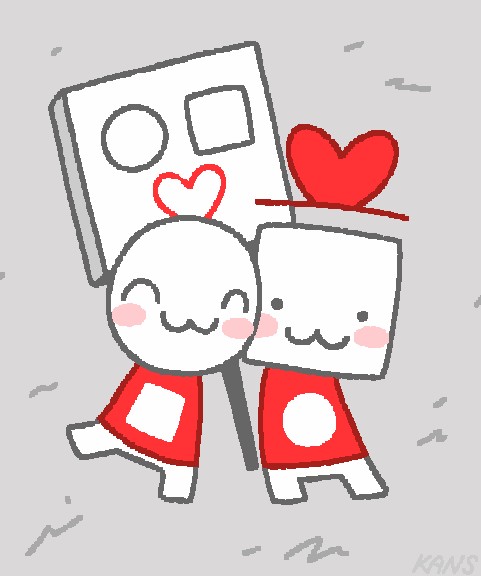 2others, :3, ambiguous_gender, artist_request, blush, circle_(we_become_what_we_behold), closed_eyes, floating_hat, full_body, heart-shaped_hat, holding, holding_sign, multiple_others, other_focus, sign, smile, square_(we_become_what_we_behold), standing, third-party_source, we_become_what_we_behold
