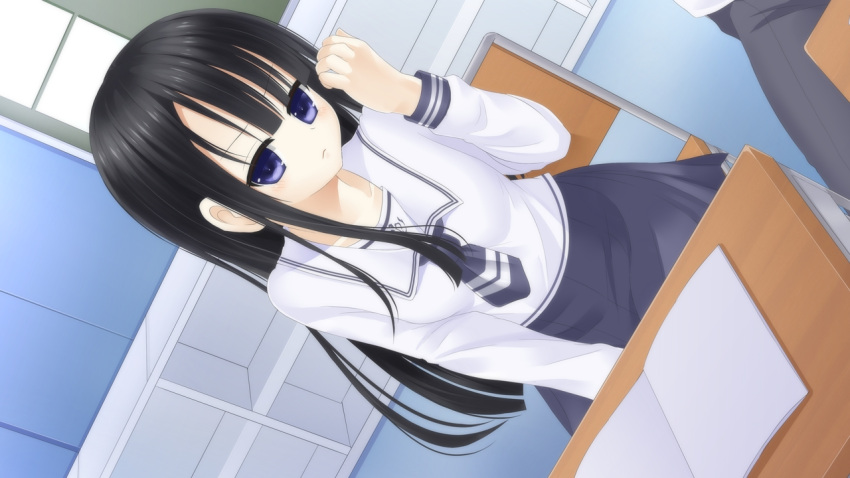 1girl, asymmetrical_bangs, black_hair, blue_eyes, blue_neckerchief, blue_skirt, blunt_bangs, breasts, chair, character_request, choppy_bangs, classroom, copyright_request, cowboy_shot, day, desk, expressionless, game_cg, hand_up, long_hair, long_sleeves, naked_magical_girl, nanamiya_runa, neckerchief, non-web_source, official_art, on_chair, sailor_collar, school, school_desk, school_uniform, shirt, shitou_(4h), sidelocks, sitting, skirt, small_breasts, solo, straight_hair, white_sailor_collar, white_shirt
